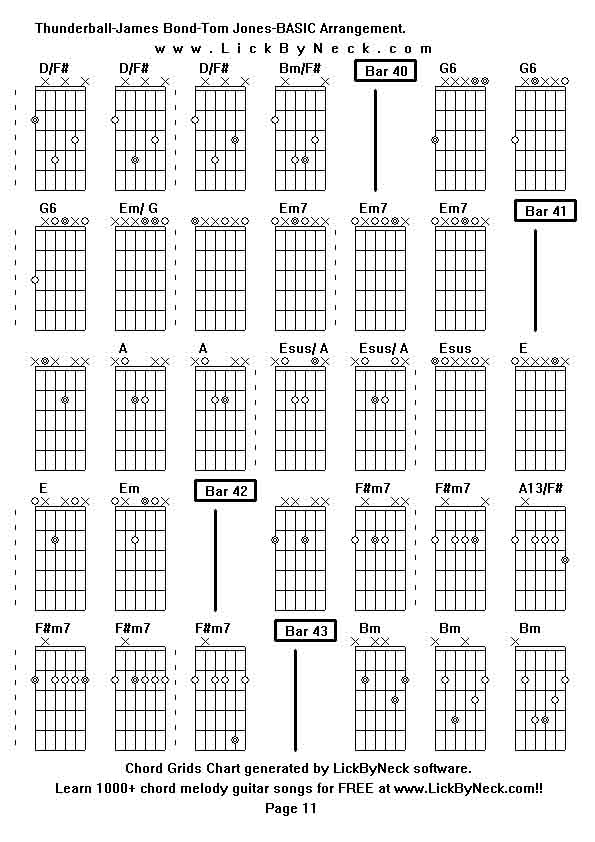 Chord Grids Chart of chord melody fingerstyle guitar song-Thunderball-James Bond-Tom Jones-BASIC Arrangement,generated by LickByNeck software.